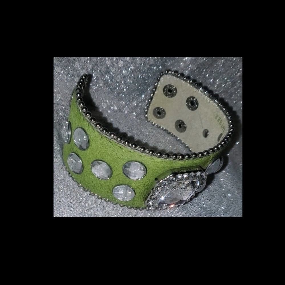 Green Leather Bracelet with Silver Accents